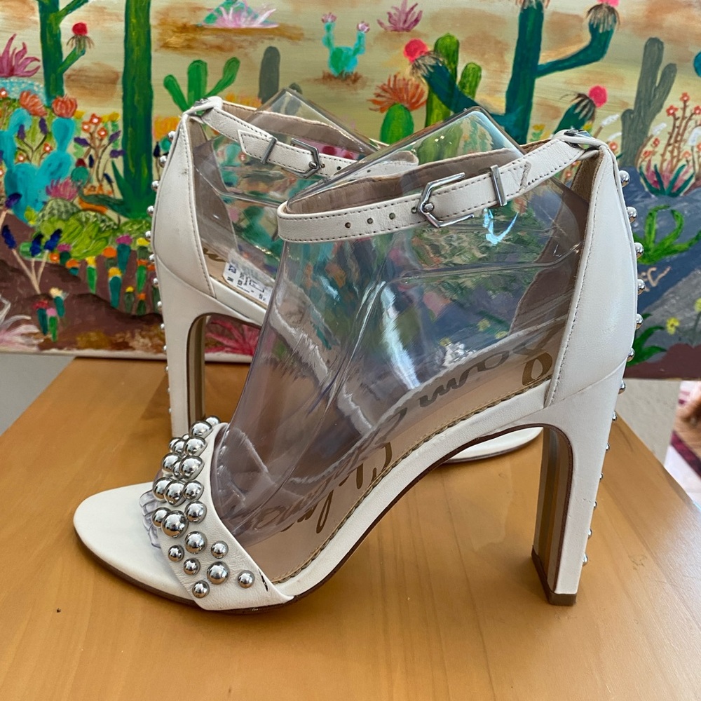Sam Edelman Yoshi Studded High Heel Sandals, Leather, Wht, Silver,Size 7.5